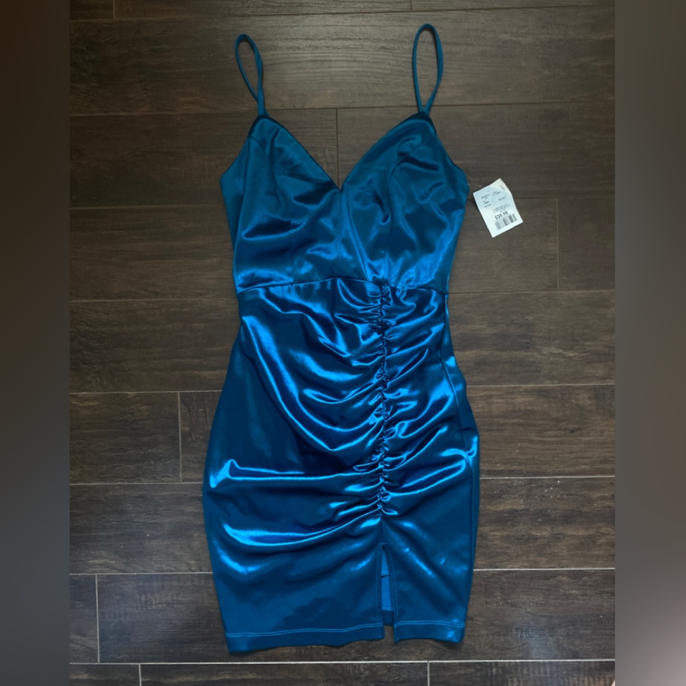BNWT Emerald Blue Sexy Satin Ruched Mini Cocktail Dress Emerald Sundae